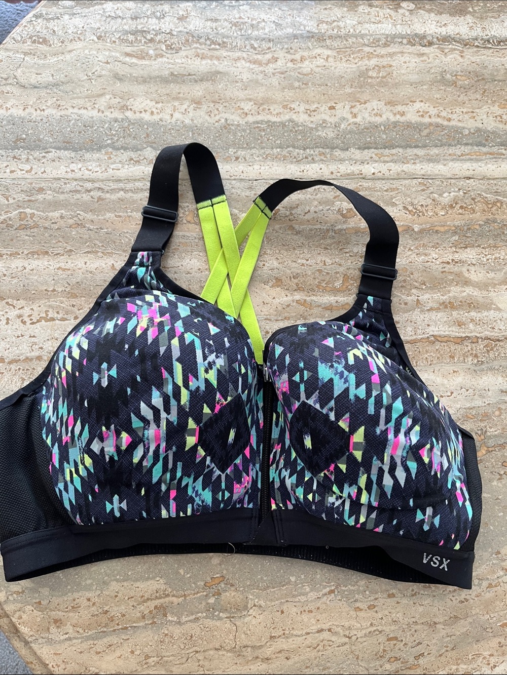 VSX Black Sports Bra with Neon Lime, Aqua & Pink Geo Print